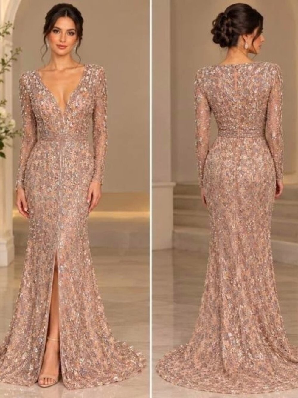 Mac Duggal Nude Blush Beaded Sequin Long Sleeve Gown
